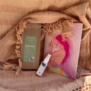 Tisane d'allaitement Jolly Mama, carnet illustré Ilado et huile de massage sur tissu rebozo