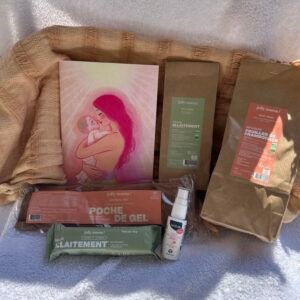 tisanes d'allaitement, huile de massage Néobulle, carnet d'écriture Ilado, poche de gel et snack de Jolly Mama