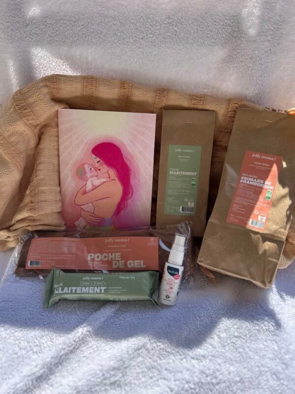 tisanes d'allaitement, huile de massage Néobulle, carnet d'écriture Ilado, poche de gel et snack de Jolly Mama